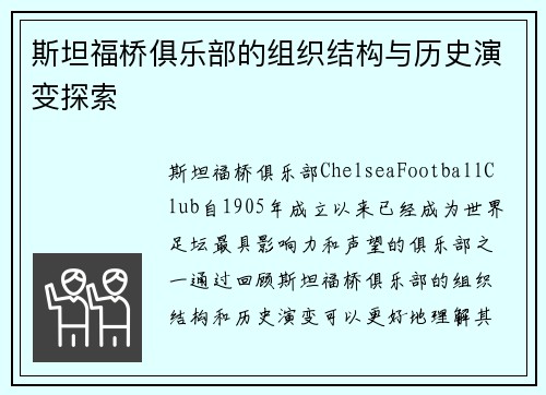 斯坦福桥俱乐部的组织结构与历史演变探索