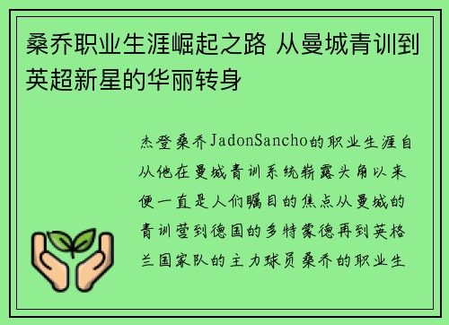 桑乔职业生涯崛起之路 从曼城青训到英超新星的华丽转身